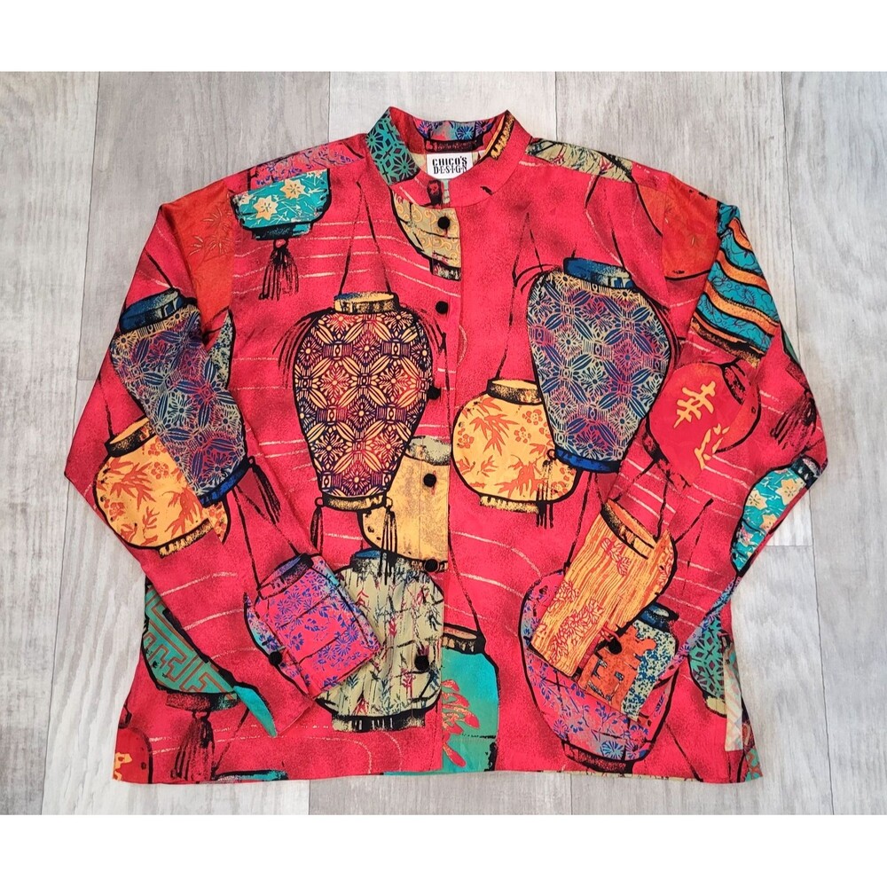 Chicos Design Size S 100% Silk Oriental Lantern Top Mandarin Collar Asian Bold